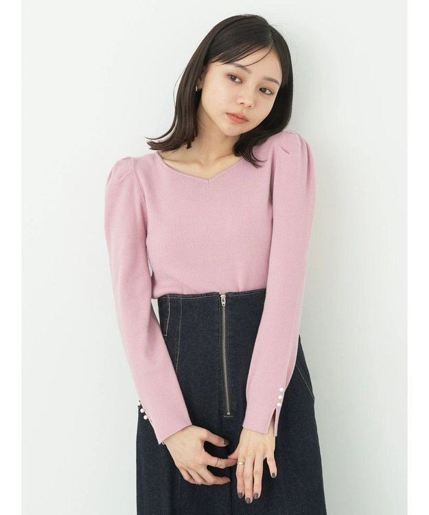 earth music&ecology ハートネック袖パールニットプルオーバー Pink