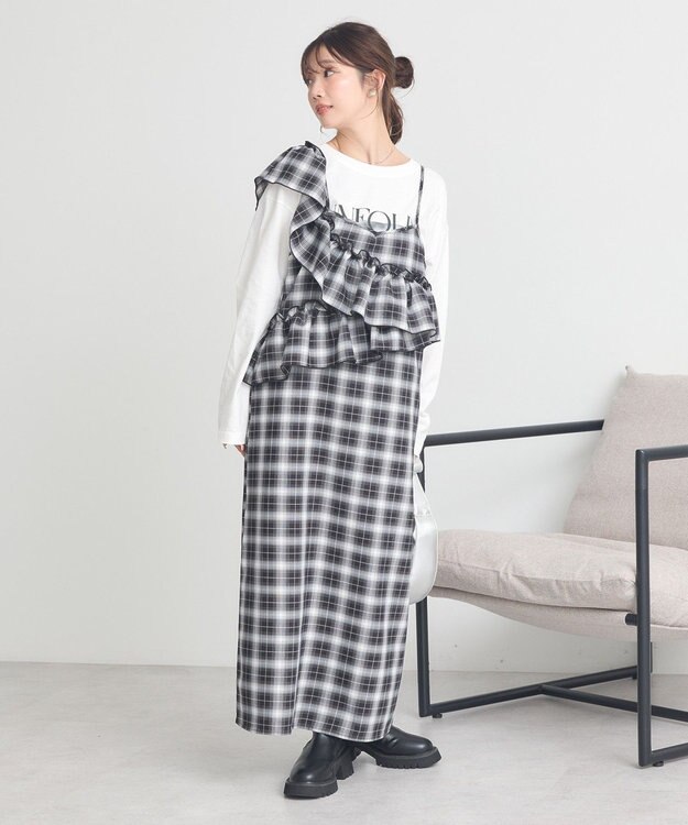 earth music&ecology 2wayフリルチェックキャミワンピース Black