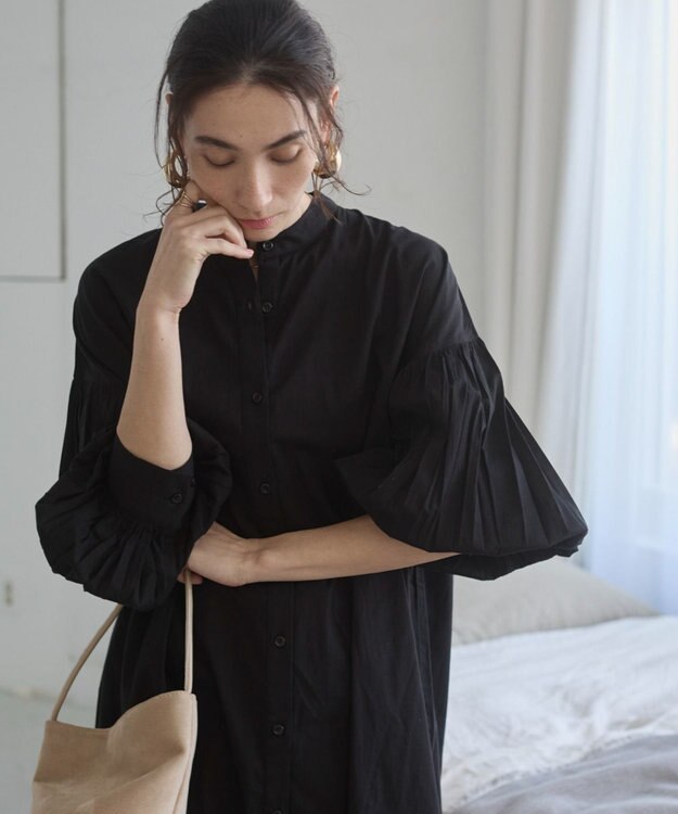 WEGO 【ANGIE VINTAGE】ボリュームスリーブ バンドカラー シャツワンピース ブラック