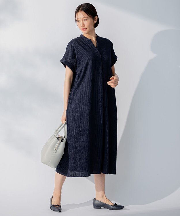 自由区 L 【WEB限定・洗える】シャドウサッカー ワンピース ネイビー系