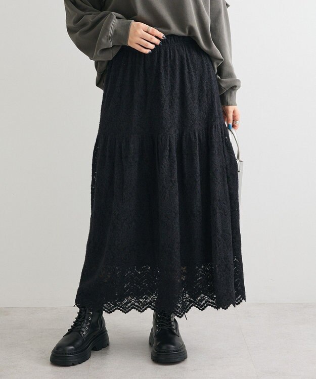 Green Parks 起毛レースティアードスカート Black