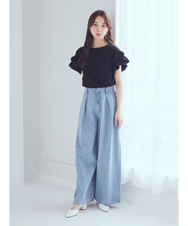 earth music&ecology フリルスリーブカットソー Black