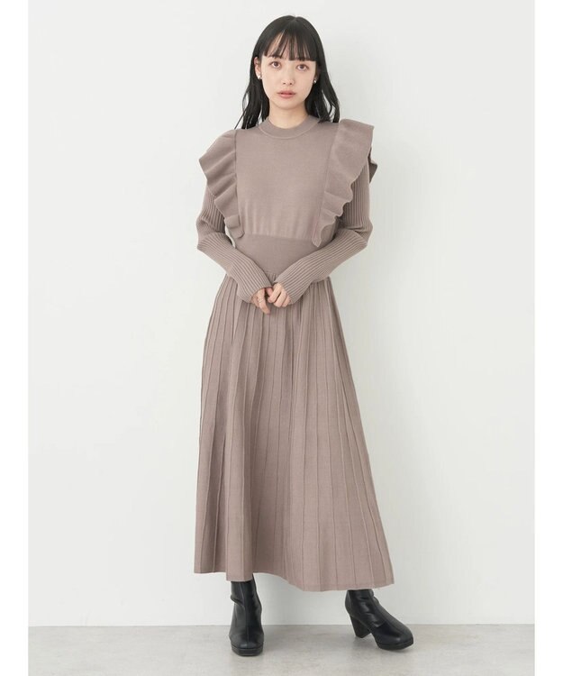 earth music&ecology ショルダーフリルニットワンピース Mocha