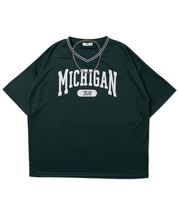 WEGO 【ユニセックス着用ITEM/2点セットネックレス付き/MLサイズ展開】アクセ付きラインリブメッシュプルオーバー ダークグリーン