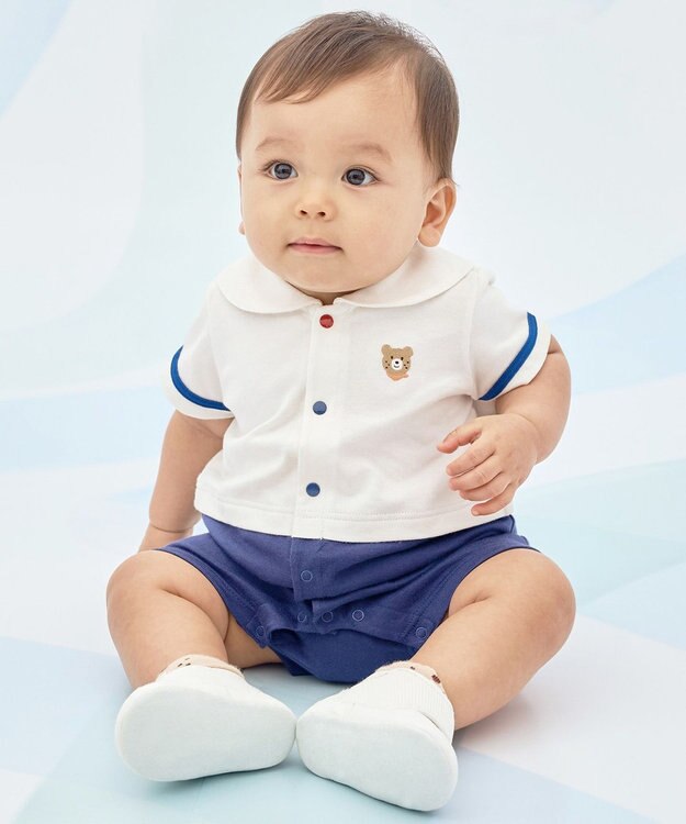 MIKI HOUSE HOT BISCUITS 【70-80cm】くま耳 セーラーカラー ショートオール 白