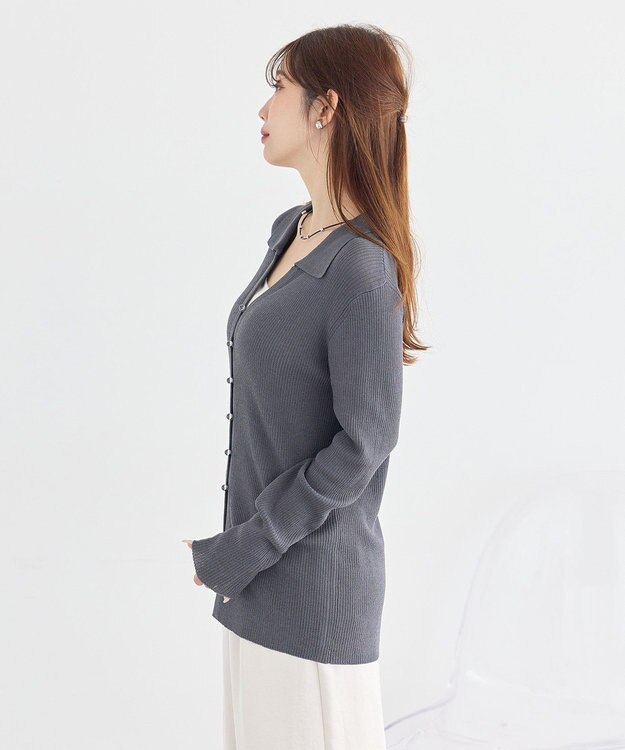 earth music&ecology スキッパー衿リブカーディガン Charcoal Gray