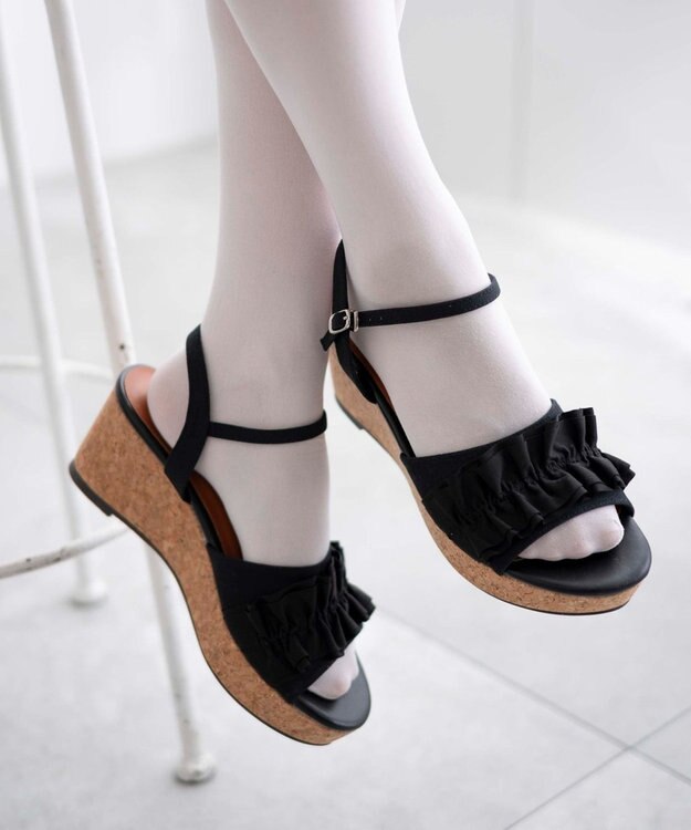 WEGO ウェッジソールフリルサンダル ブラック