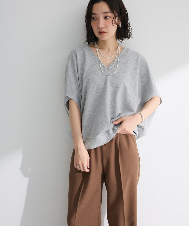 Green Parks 深Ｖネックミニ裏毛フレンチスリーブプルオーバー Gray