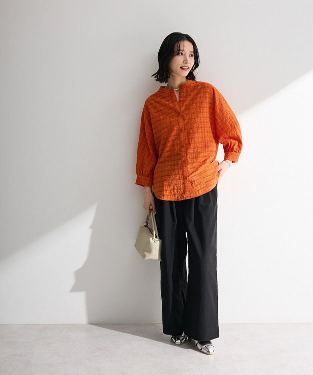 Green Parks シアーチェック７分袖シャツ Orange