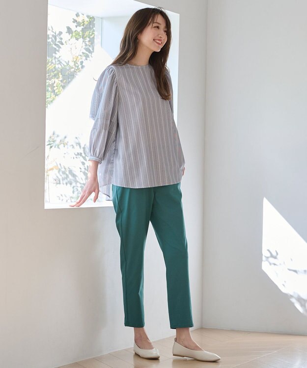 ANY 【UVカット/抗菌防臭/吸水速乾】エニィファンクション袖タックブラウス ネイビー変形ストライプ