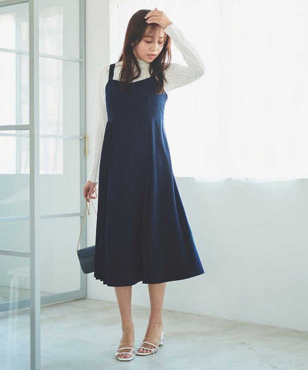 Feroux 【洗える】プリーツコンビ ジャンパースカート ネイビー系