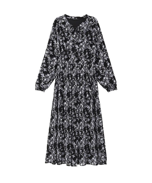 YECCA VECCA ボタニカル柄ボウタイプリーツワンピース Black