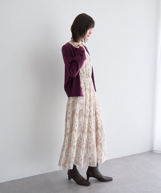 YECCA VECCA ボタニカル柄ボウタイプリーツワンピース Ivory