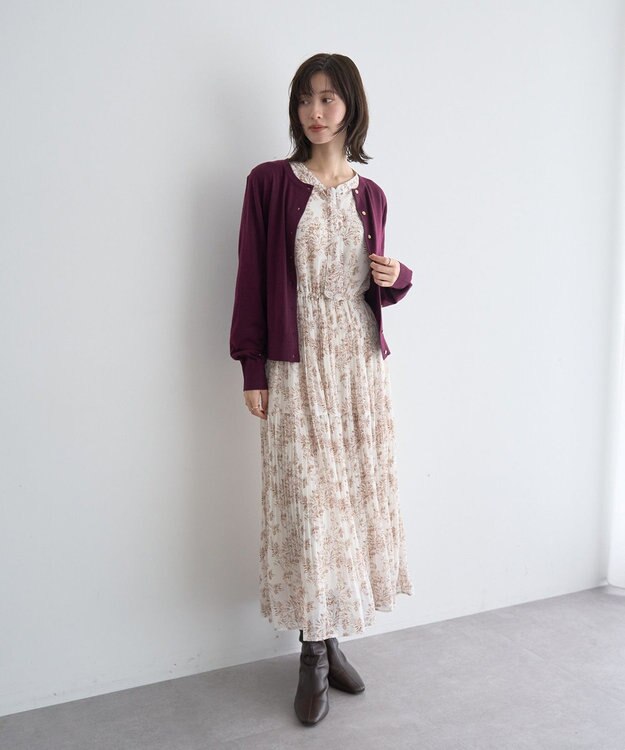 YECCA VECCA ボタニカル柄ボウタイプリーツワンピース Ivory