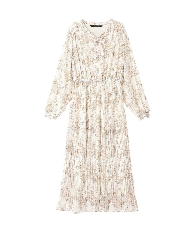 YECCA VECCA ボタニカル柄ボウタイプリーツワンピース Ivory