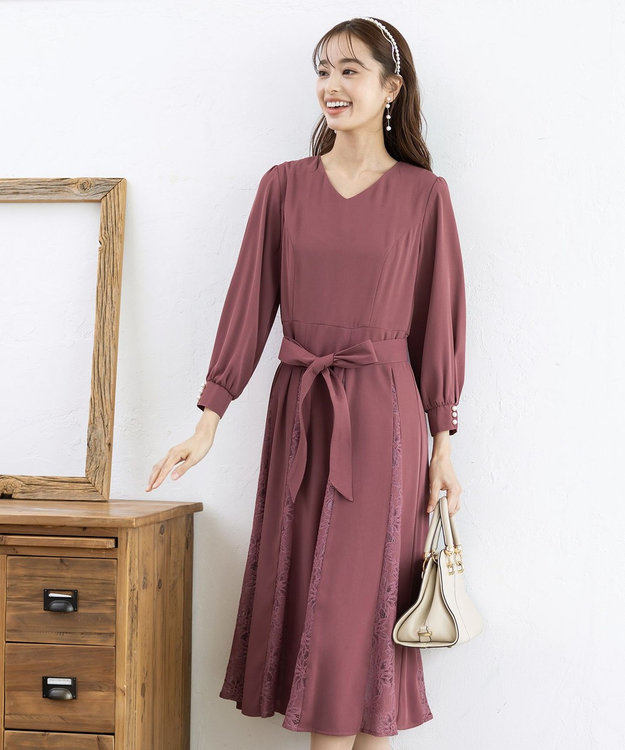 Tiaclasse L 【洗える】レース切り替えフレアワンピース ピンク