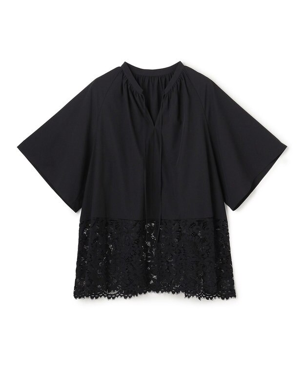 UNFILO L レースヘム ギャザーブラウス ブラック