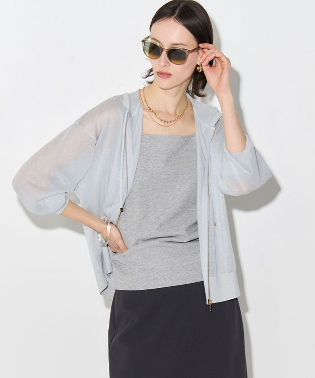 23区 シャイニーシアーニット ジップアップ パーカー スカイブルー系