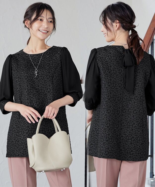 Tiaclasse L 【洗える】フラワーJQ袖シフォンチュニック ブラック