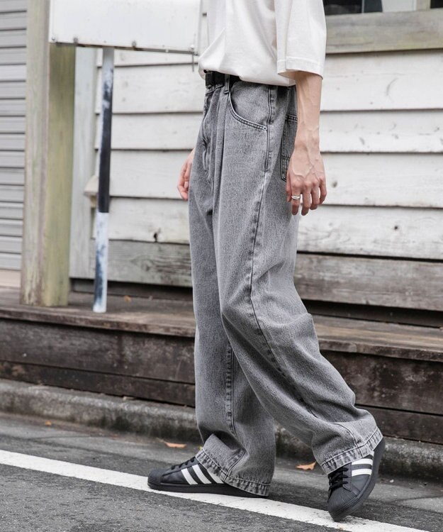 WEGO 【ユニセックス着用ITEM/ウエストゴム/SMLサイズ展開】デニムルーズテーパードパンツ グレー