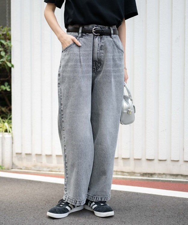 WEGO 【ユニセックス着用ITEM/ウエストゴム/SMLサイズ展開】デニムルーズテーパードパンツ グレー