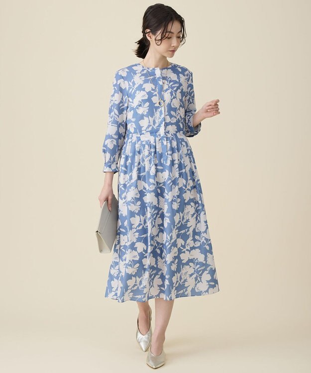 自由区 バイカラーフラワープリント ワンピース ブルー×グレージュ