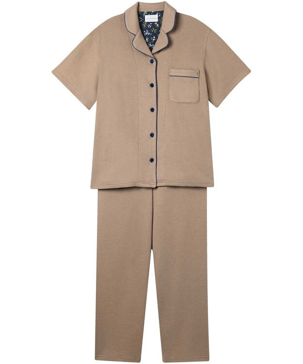 une nana cool 【綿混】ソフトコットンリブ 半袖開襟パジャマ MADE WITH LIBERTY FABRIC ベージュ