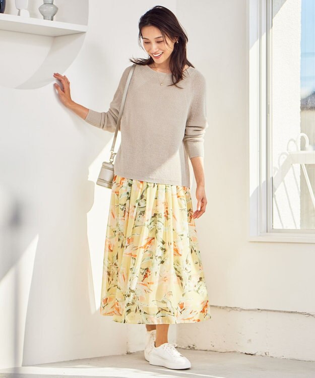 自由区 L 【ウエストゴム・洗える】ペイントフラワープリント スカート イエロー