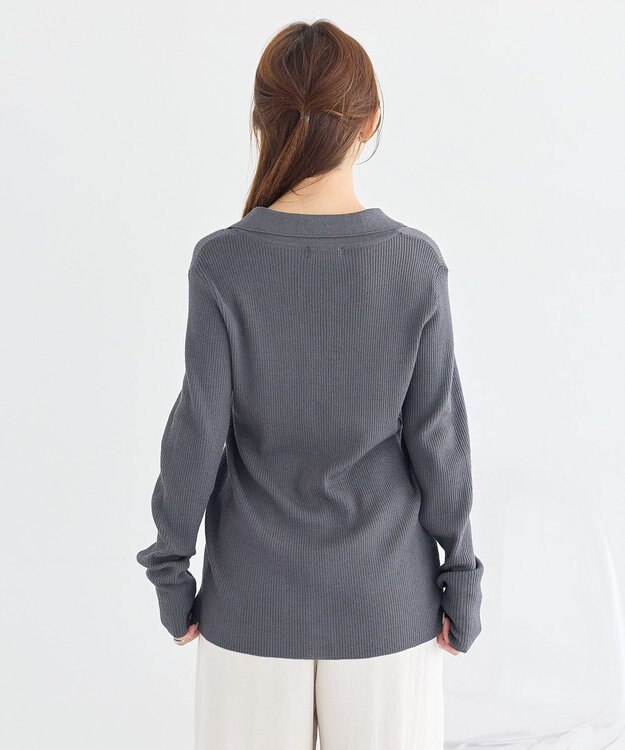 earth music&ecology スキッパー衿リブカーディガン Charcoal Gray
