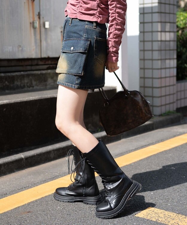 WEGO ヴィンテージウォッシュカーゴミニスカート デニム濃加工色