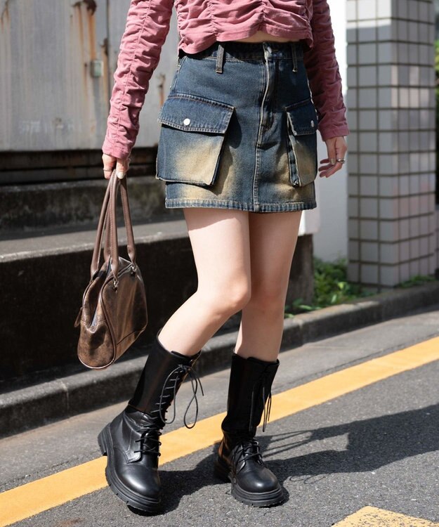 WEGO ヴィンテージウォッシュカーゴミニスカート デニム濃加工色