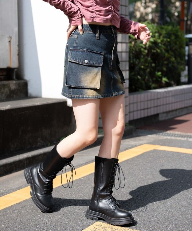 WEGO ヴィンテージウォッシュカーゴミニスカート デニム濃加工色