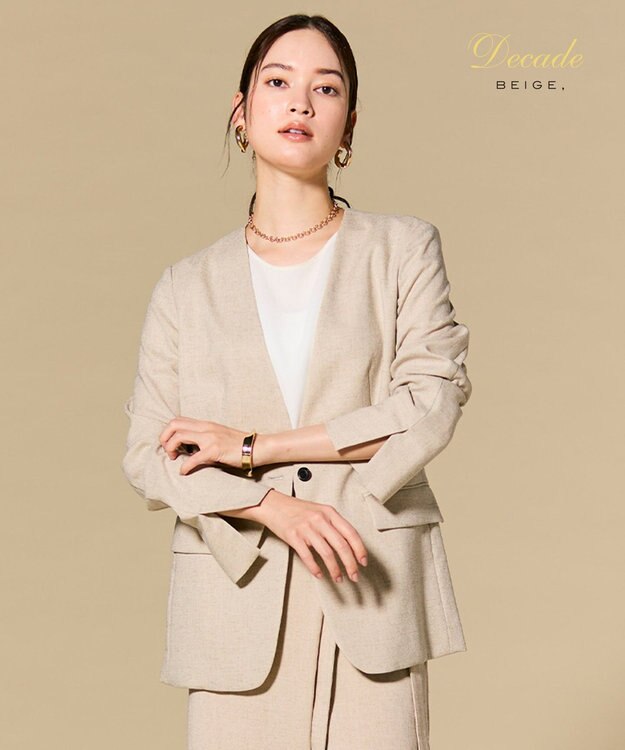 BEIGE， CAROLE / リネンライクノーカラーハーフ丈ジャケット Sand