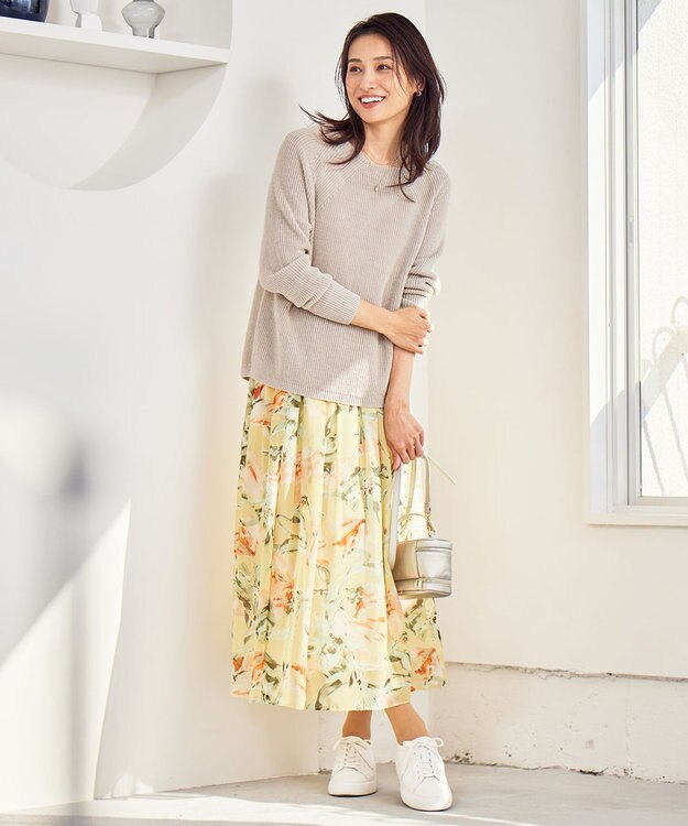 自由区 S 【ウエストゴム・洗える】ペイントフラワープリント スカート イエロー