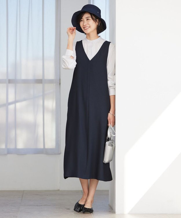 J.PRESS LADIES L 【洗える・イージーケア・UVカット・接触冷感】 ストレッチバックサテンジョーゼット ジャンパースカート ネイビー系