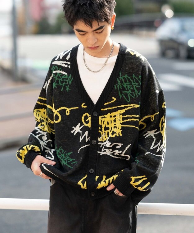 WEGO リラックスフィットパターンカーディガン ブラック