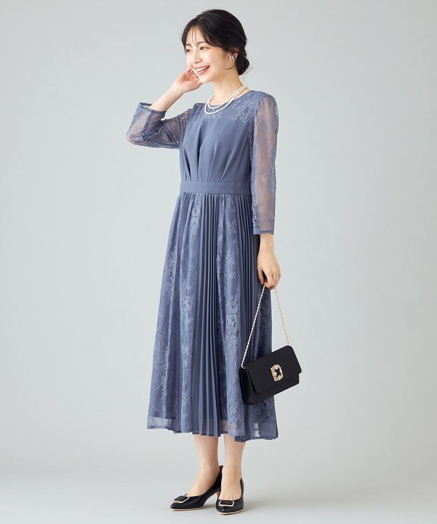 ANY SIS 【洗える】プリーツMIXレース ドレス スモーキーブルー