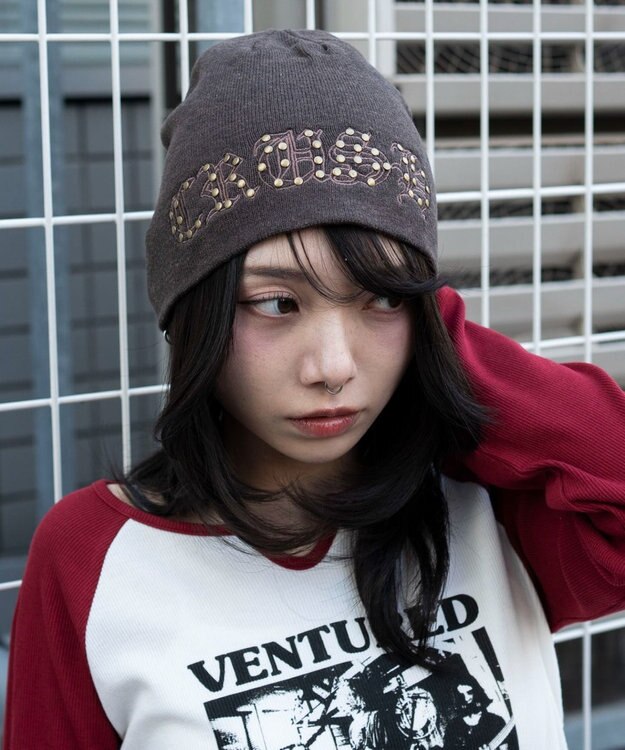 WEGO ロゴ刺繍スタッズビーニー ブラウン