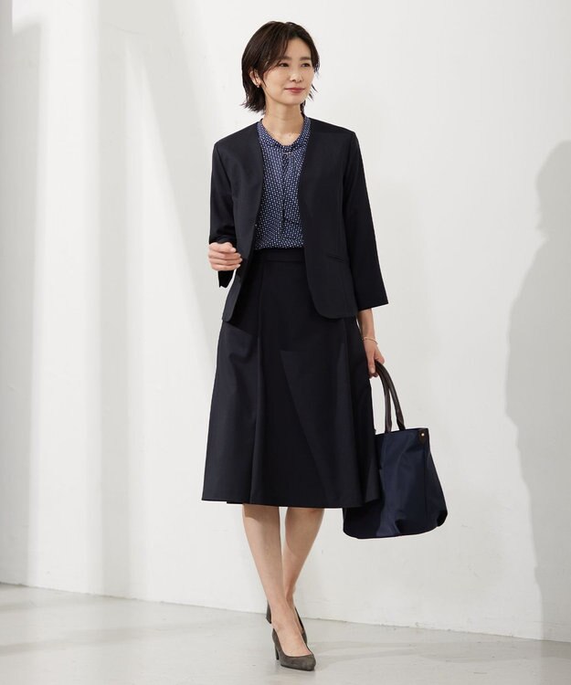 J.PRESS LADIES 【セットアップ対応・洗える・UVケア・速乾】 OXIJEWELストレッチ ノーカラー ジャケット ネイビー系