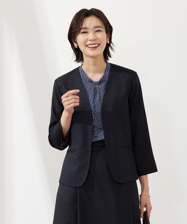 J.PRESS LADIES 【セットアップ対応・洗える・UVケア・速乾】 OXIJEWELストレッチ ノーカラー ジャケット ネイビー系