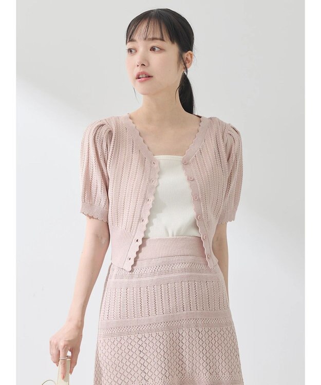 earth music&ecology ２点ＳＥＴ透かし編みカーディガン＋裾フレアスカート Pink