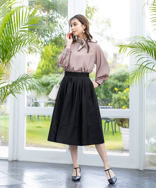 Tiaclasse 【選べる丈】麻調タックフレアスカート 膝丈ブラック