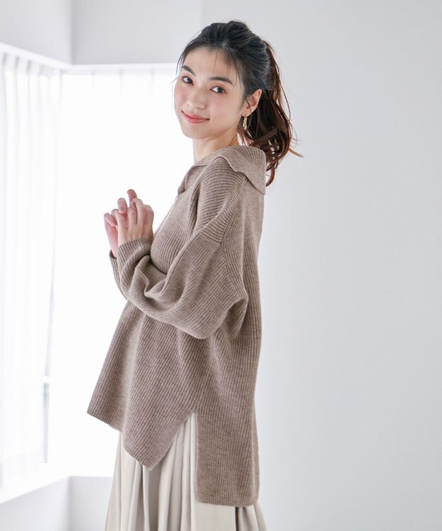 ANY ウールブレンドスキッパーネックニット モカ