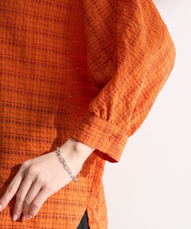 Green Parks シアーチェック７分袖シャツ Orange