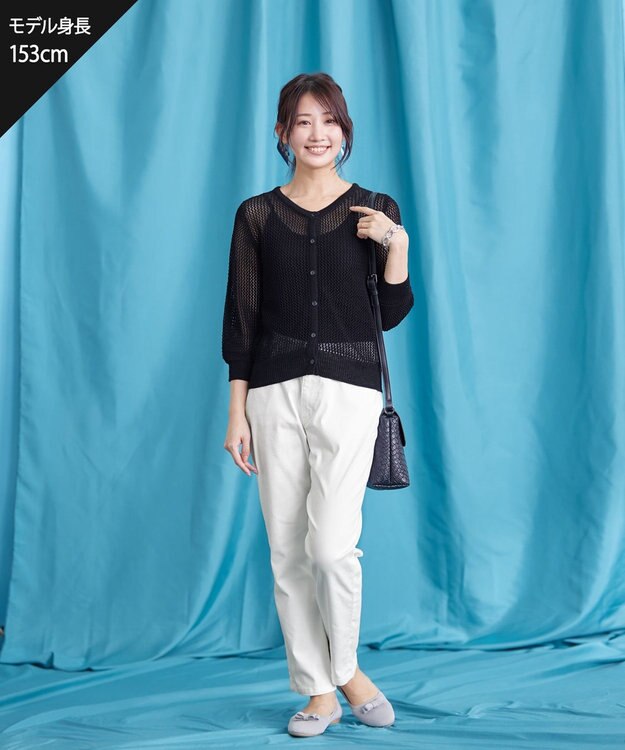 Tiaclasse L 【新色追加・洗える】パフスリーブ透かし編みニットカーディガン ブラック