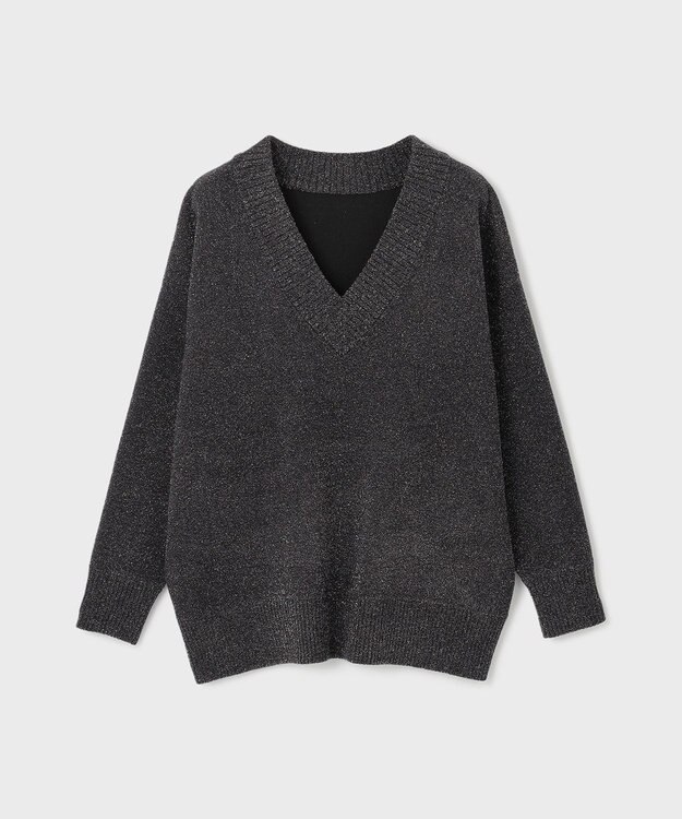 GRACE CONTINENTAL ラメVネックニットトップ ブラック