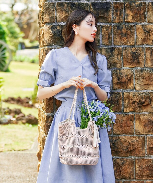 Tiaclasse 【選べる丈】麻調タックフレアスカート 膝丈サックス