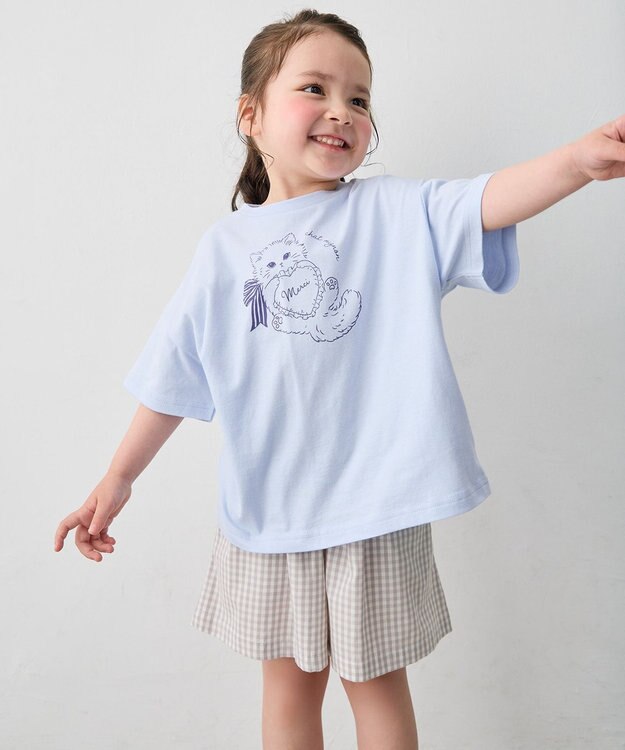 ANY KIDS 【綿100%/接触冷感】ひんやり オーバーサイズ アニマルTシャツ サックスブルー×ネコ