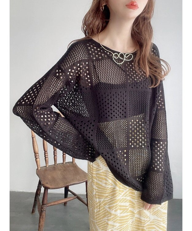 Green Parks ２ＷＡＹ透かし編みニットプルオーバー Black