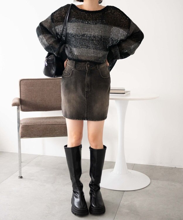 WEGO ヴィンテージウォッシュ台形デニムミニスカート ブラック